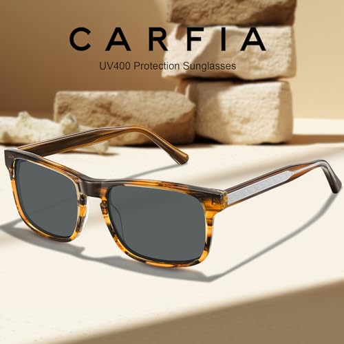 Image of CARFIA Acetate Curved Polarized Sunglasses for Men UV Protection, Retro Cool Driving Eyewears with Embossed Pattern Wire Core