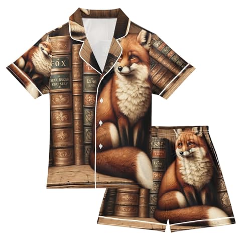 ALAZA Fox Stylish Bookshelf Library Satin Pajamas Set Short Sleeve Button Down Sleepwear Summer Pjs 2 Piece
