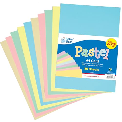 Image of Baker Ross E10072 A4 Pastel Card Pack - Pack of 50 Sheets, 220gsm, 5 Assorted Colours, Card Making, Scrapbooking, Craft Supplies