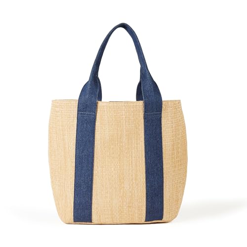 The Drop Bolso para Mujer, Tracy Tote Grande Paja con Detalle de Lona, Paja Natural/Denim, Talla Única