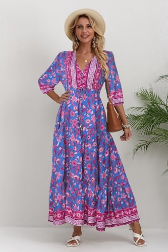 Image of Women Short Sleeve V Neck Floral Print Casual Bohemian Maxi Dresses
