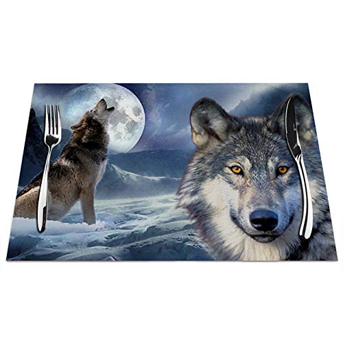 Wolf Placemats Set of 4, Wild Wolf in Winter Forest with Full Moon Placemats Heat Resistant for Dining Table Non-Slip 18x12 Inches by IBILIU - Used condition - US$11.51