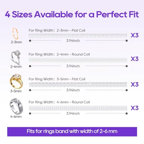 12-pack ring sizer for loose rings 4 sizes invisible ring size adjuster spiral bands size resizer clear tpu rings guards for women men no cut comfortable band tightener fits 2-6mm bands