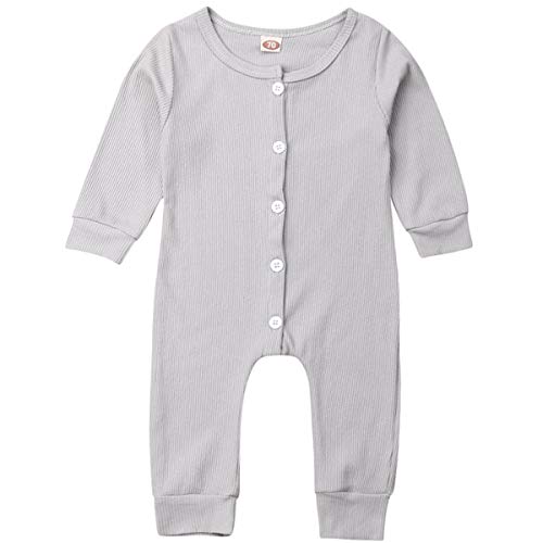 Kuriozud Newborn Infant Unisex Baby Boy Girl Long Sleeve Button Solid Knitted Romper Bodysuit One Piece Jumpsuit Outfits Clothes (Long Sleeve Jumpsuit Gray, 0-3 Months)