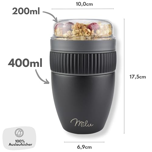 Foto von Milu Müslibecher to go 400ml MüsliMax I isolierter Edelstahl Joghurtbecher für Müsli I auslaufsicherer Becher mit Löffel für Yoghurt/Porridge (Schwarz)