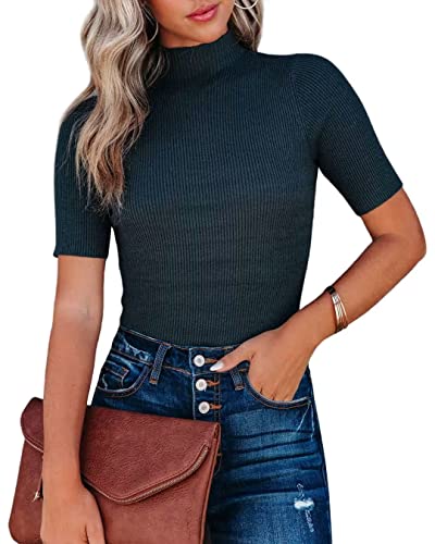 Image of Lacozy Women Casual Short Sleeve Shirt Basic Mock Neck Top Slim Fit Ribbed Knit Pullover Sweater