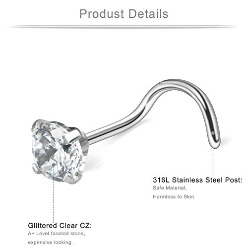 Ruifan 18G 1.5mm 2mm 2.5mm 3mm 3.5mm 4mm Round Diamond CZ Nose Screw Studs Rings Piercing Jewelry 4-12PCS2