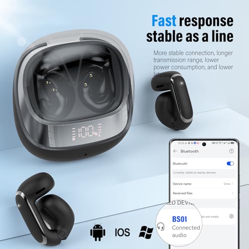 Image of Clip On Ear buds, Open Ear Headphones, Bluetooth 5.4 HiFi Stereo Clip Earbuds, 42H, LED Display Wireless EarBuds, Comfortable Lightweight, IP7 Waterproof Earphones, Earbud for Workout Running, Black