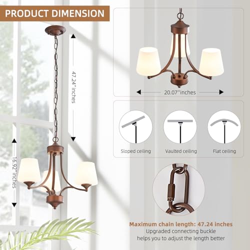 Image of 3-Light Oil Rubbed Bronze Chandelier for Dining Room Farmhouse Pendant Light Fixture with Frosted Glass Rustic Ceiling Lighting Modern Hanging Lamp for Kitchen Island Entryway, 47.2 inch Height Adjustable