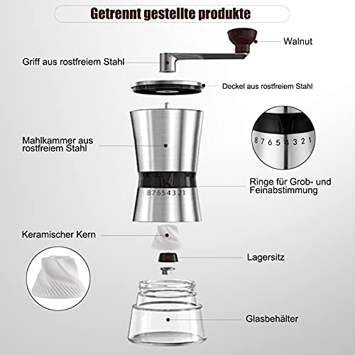 Derlla Kaffeemühle, Edelstahl-Kaffeemühle, Manuelle Kaffeemühle, Espressomühle, Verstellbarer Mahlgrad - Handmühle aus… – Bild 8