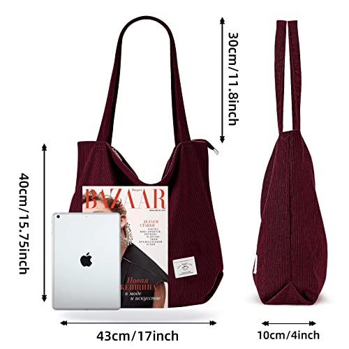 Image of KALIDI Women Corduroy Tote Bag Zipper Casual Tote's Handbag Big Capacity Shoulder Bag with Pockets