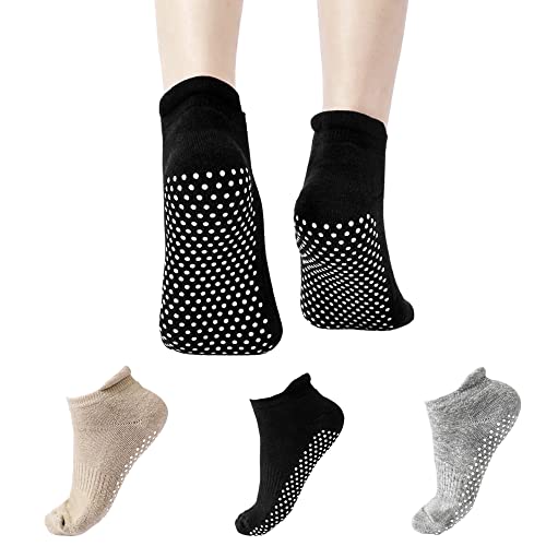 Uttpll Socks-Pilates-Hospital-Gripper-Womens Non Slip Grip Socks With Cushion Yoga Bikram Fitness Anti-Skid Unisex Ankle Socks 3 Pairs Black Grey Khaki #TOP30