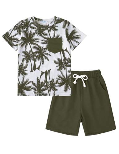 Image of GERU Boy Shorts Sets Hawaiian Outfit Kid Leaves Floral Short Sleeve Shirt Top+shorts Suits