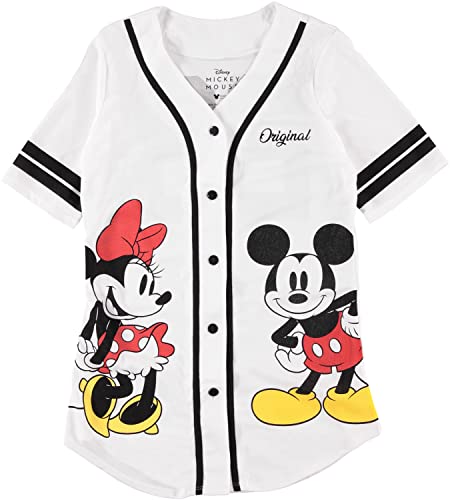 Disney Ladies Mickey Mouse Fashion Shirt - Ladies Classic Mickey & Minnie Mouse Clothing Mickey & Minnie Mouse Mesh Button Down Baseball Jersey Tee (White, Medium)