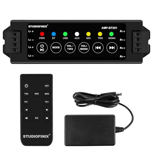 STUDIOFINIX 4-Channel Wall Mount Amplifier 19V3A Power-Off Memory & Infrared Remote Control with Bluetooth 5.0 USB/MIC/AUX/TWS for Home/Garage/Ceiling Speakers