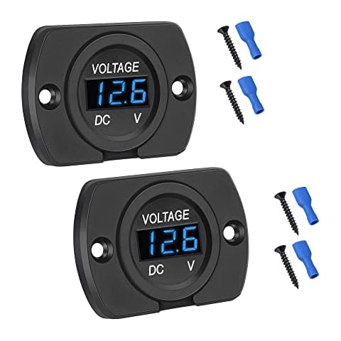 CrocSee 2 Pack DC 12V 24V Waterproof Car Voltmeter LED Digital Display Panel, Round Voltage Gauge with Terminals for Car/Motorcycle/Travel Trailer/Truck/Boat/ATV/UTV (Blue LED Display) Cover