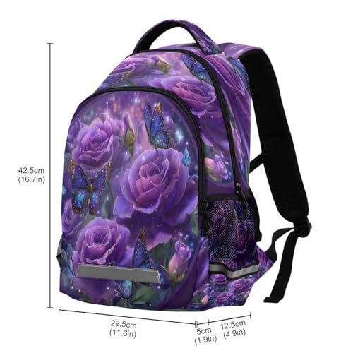 Dussdil Purple Rose Butterfly (2) Kids Backpack School Backpacks for Boys Girls, 16 Inch Casual Book Bag Daypack Back Pack Double Zipper Travel Bags3