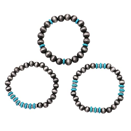 Rosemarie & Jubalee Women's Set of 3 Western Metallic Bead And Howlite Stone Stretch Bracelets, 6.75"2