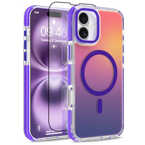 Image of Magnetic Case for iPhone 16 [Compatible with Magsafe] [Cute Fashion Fluorescent Design] [1 Screen Protector] Slim Translucent Matte Case for iPhone 16 6.1 inch 2024, Purple