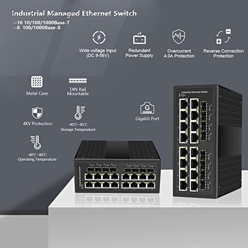 Image of Industrial Gigabit Managed Switch - 16 Ports 10 /100 /1000Mbps Web Management DIN Rail Ethernet Switch with 8 SFP Slots, Network Switch Support Ring Network, VLAN, STP, LACP, QOS