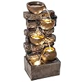 Outsunny 28" Outdoor Fountain with 5-Tier Rustic Jugs and Rock, Cascading Waterfall with LED Lights, Adjustable Flow, Resin Freestanding Garden Fountain for Garden Patio, Rustic Brown