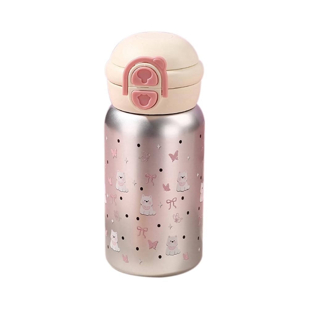 Stthherk Silver Cute Stainless Steel Water Bottle With Straw 500Ml Kawaii Vacuum Insulated Bottle Vacuum Insulated Bottle