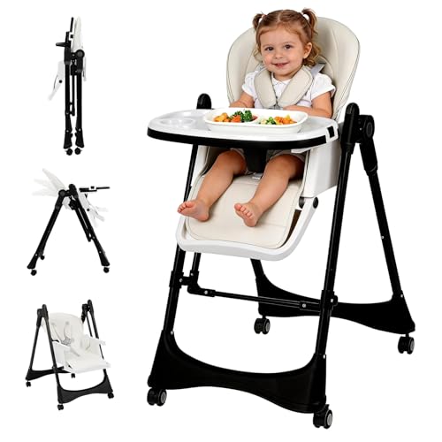 Image of 3-in-1 Baby High Chair | Convertible Baby High Chair for Babies and Toddlers | Brake Wheels, Easy Clean, Space Saving | Adjustable, Removable Tray (Black White)