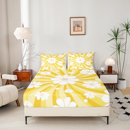 Image of Cartoon Flowers Bed Sheet Queen Set Yellow Stripes Sheets Sets Adults Bedroom Decor Daisy Microfiber Bedding Set with Flat,Fitted Sheet,2 Pillow Cases