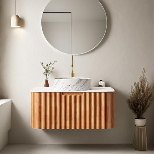 AmbroVania 30" Bathroom Vanity with Sink, Floating Vanities with Marble Countertop and Ceramic Basin, Extra Large Storage Drawer, Soft-Close Design, Pre-Assembled, Nature Wood