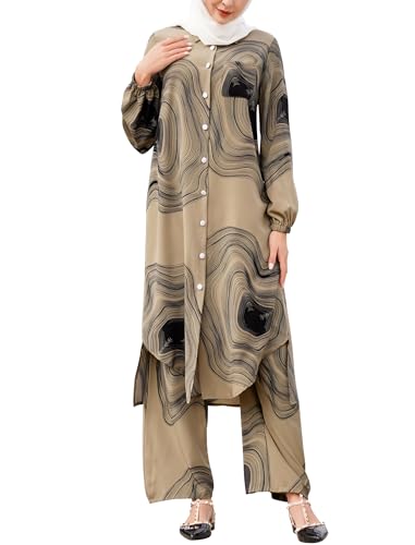 Image of IDOPIP Abaya Dress for Women Muslim Set Long Sleeve Chiffon Islamic Dress Shirt with Pants 2PCS Dubai Prayer Casual Clothes