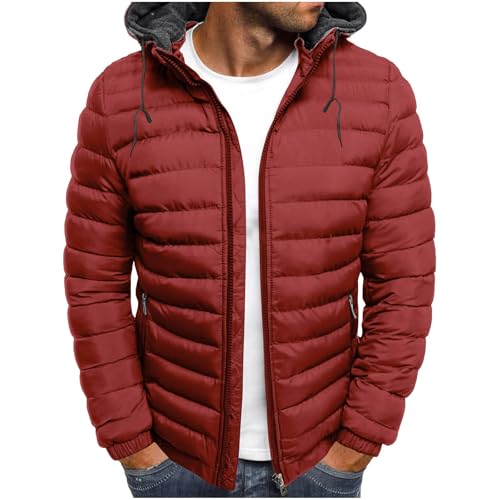 Image of Winter Jackets for Men Lightweight Down Jacket Solid Hooded Long Sleeve Full Zip Warm Coat Padded Cotton Quilted Coat Outdoor Softshell Waterproof Windproof Puffer Pockets Hiking Travel S-3XL