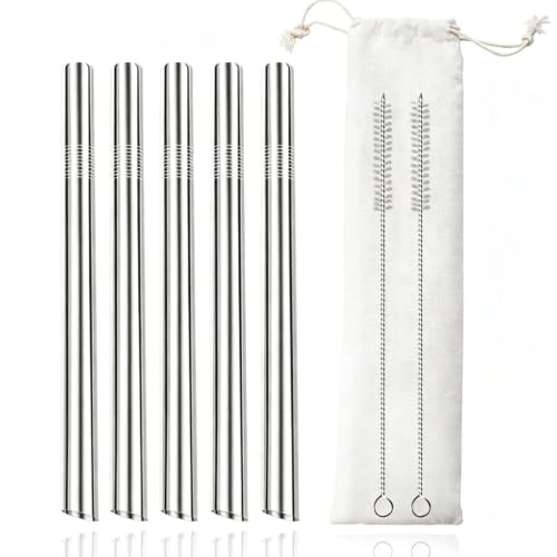 Lazycorner 5 Pcs Stainless Steel Smoothie Straws, 0.4'' Extra Wide Reusable Metal Drinking Straws for Milkshake, Smoothie, Beverage, Set of 5 with 2 Cleaning Brush