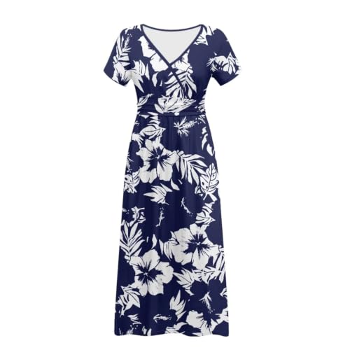 Image of Women's Fall Summer Short Sleeve Ankle Length V-Neck Party Dress with Pockets Size S-3XL
