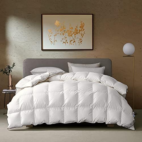 KRT Luxurious Goose Feathers Down Comforter King Size Solid White All Season Duvet 60 Oz Filling Insert 100% Cotton Cover with 8 Corner Tabs (White, King All-Season)