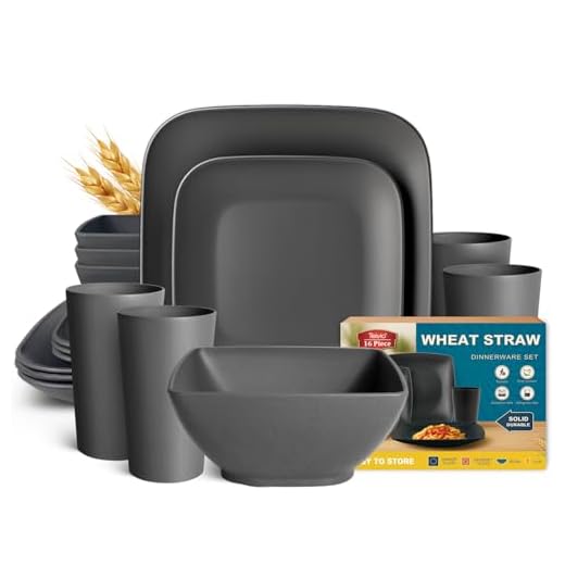 Teivio 16-piece Plastic Wheat Straw Square Dinnerware Set for 4, Unbreakable Dinner Plates, Salad Plates, Snack Bowls, Tumblers 20 oz, Dishwasher Safe, Grey