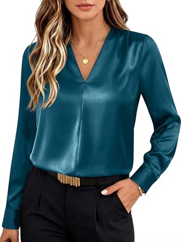 ANRABESS Women's Satin V Neck Long Sleeve Blouse Shirts,Lake Blue,L