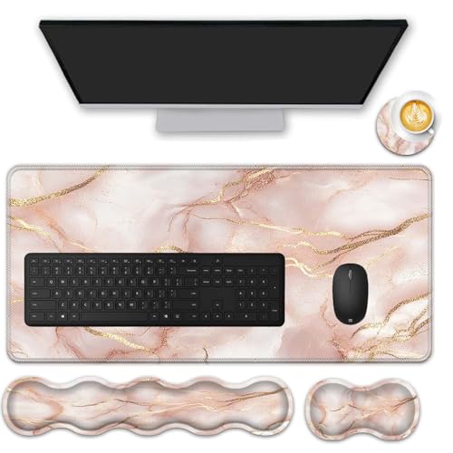 Tapis de souris 80 x 29 cm marbre or rose grand format et repose-poignet de souris pour ordinateur