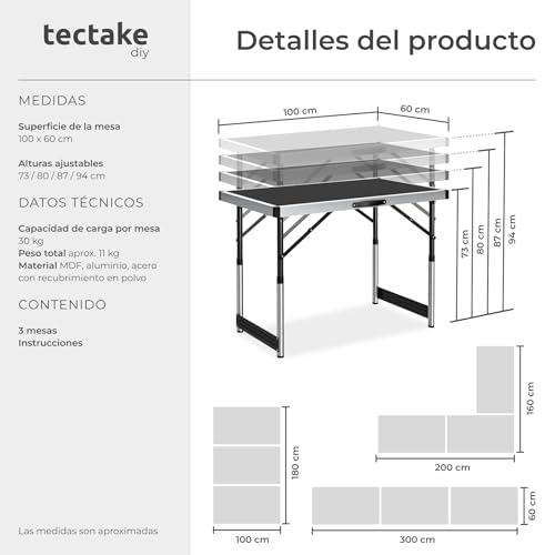 tectake® Set de 3 Mesas Auxiliares Ajustables en Altura a 4 Niveles, Mesas Camping Plegables, Mesas de Trabajo, Picnic, Fiestas, Bricolaje, 100x60, Multiusos, Fácil Montaje, Tableros en MDF - Negro - imagen 2