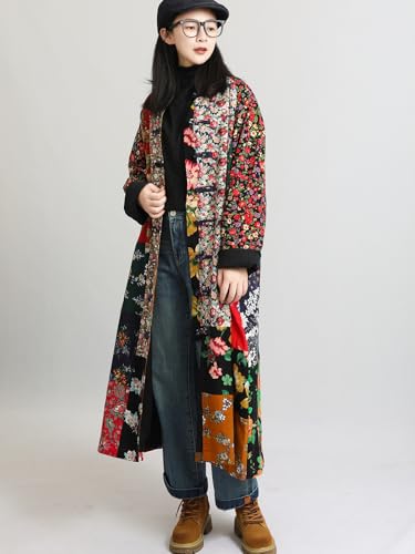 LZJN Women's Trench Coat Floral Print Long Cotton Linen Jacke Cottagecore Clothing Patchwork Outwear Bohemian unique4