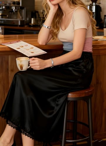 Image of Women's Half Slips for Under Dresses Anti-static Elastic Waist Lace Plus Size Long Underskirt