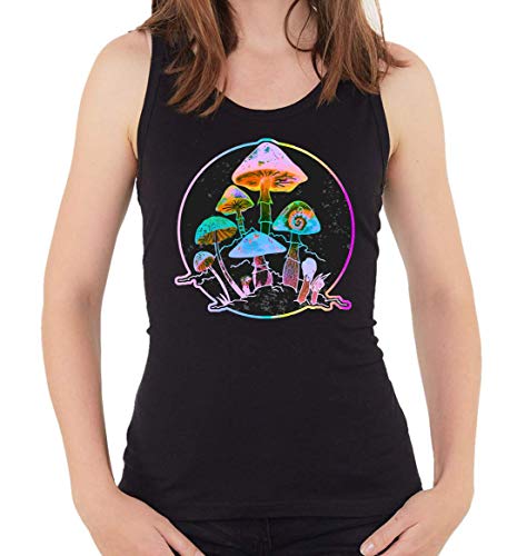 Atprints Neon Color Magic Paddestoelen Trip Graphic dames mouwloos tanktop T-shirt, Zwart, M