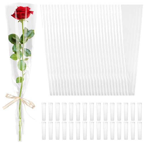 cridoz 100 Pcs Single Rose Sleeve with 100 Pcs Floral Water Tubes for Bouquets Single Flower Sleeve Flower Wrapping Bags Flower Water Tubes for Mothers Day Graduation Party(Transparent)