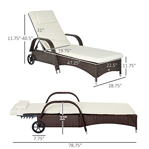 Outsunny Reclining Chaise Lounge Chair, Thickly Cushioned, Headrest, Armrests, Rolling Outdoor Plastic Rattan Sun Bathing Chair With Wheels For Poolside, Pool, Patio, Mixed Brown #TOP2