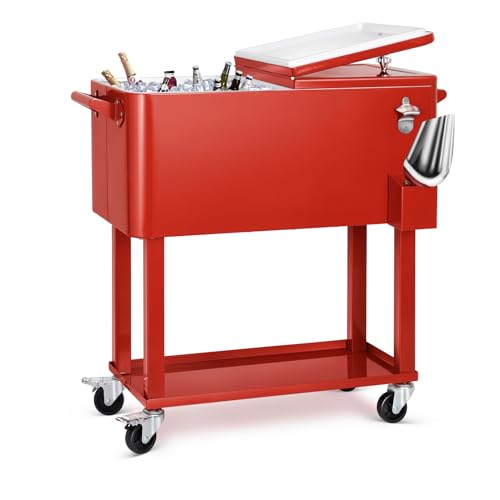 EDOSTORY 80 Quart Red Rolling Ice Chest Cooler Cart,Patio Backyard Party Drink Beverage Bar Stand Up...