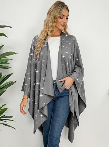 Image of Womens Rhinestones Open Front Poncho Shawl Wrap Cape Ruana Travel Blanket Cardigan