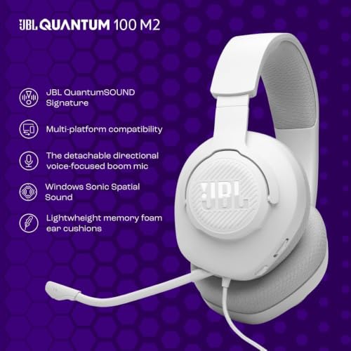 JBL Quantum 100M2 Gaming-Headset, Abnehmbares Mikrofon, 3,5-mm -Weiß – Ansicht 2