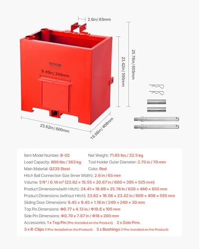 Image of VEVOR Ballast Box, 3-Point Category 1 Tractor Ballast of 800 lbs Capacity, with Standard 2 Inch Hitch Receiver, Heavy-Duty Steel 5 ft Large Volume Durable Loader Attachment with Sliding Door, Red