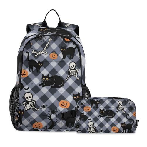 KLL Halloween Black Checkered Pumpkin Cat Skull Backpack And Lunch Box For Boys (scenario) Book Bag For Boys 7-10