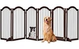 PrimeZone 144' Extra Wide Dog Gate - 36' Tall 6-Panel Solid Acacia Wooden Freestanding Puppy Gates with Door, Foldable Indoor Pet Fence for Doorways, Stairs, Support Feet Included, Brown
