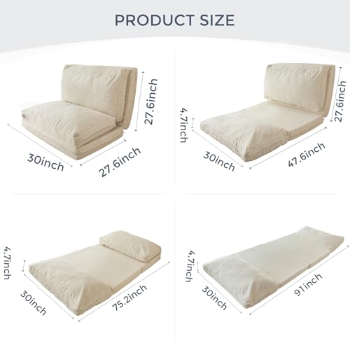 Image of MAXYOYO Folding Sofa Bed, Floor Sofa Convertible Chair with Washable Cover, Floor Couch Lounge Bean Bag Chair Bed for Living Room, Beige, 30x91 Inch